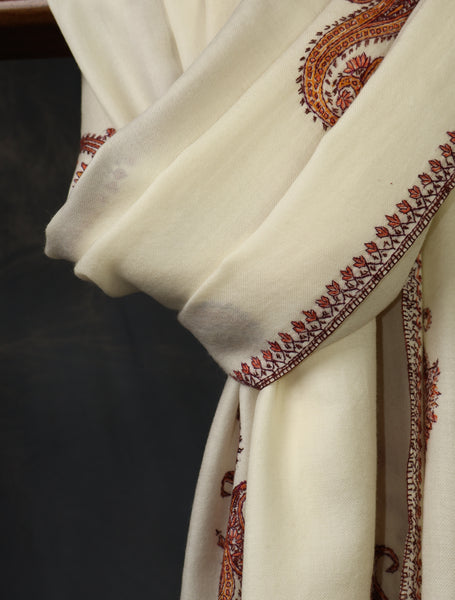Ivory Base Paisley Merino Embroidery Shawl