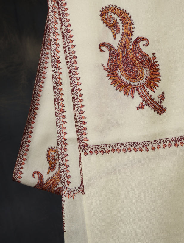 Ivory Base Paisley Merino Embroidery Shawl