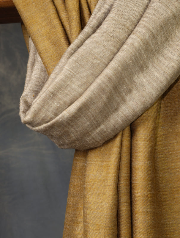 Mustard And Beige Reversible Handwoven Cashmere Pashmina Shawl