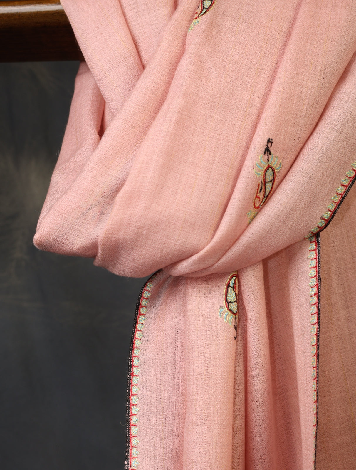 Soft Pink Base Boteh Embroidery Pashmina Cashmere Scarf