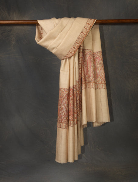 Beige Big Border Embroidery Cashmere Pashmina Shawl