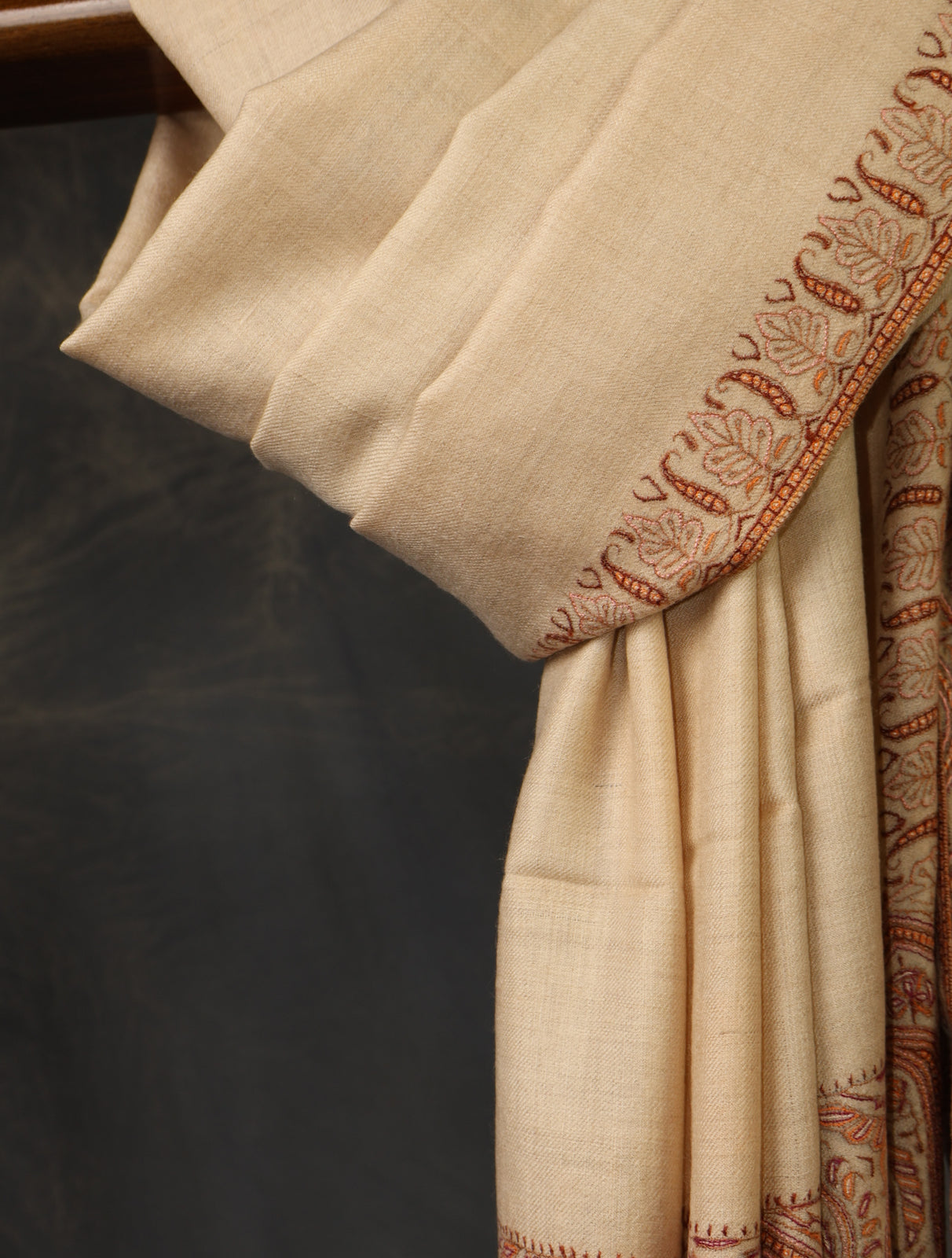 Beige Big Border Embroidery Cashmere Pashmina Shawl