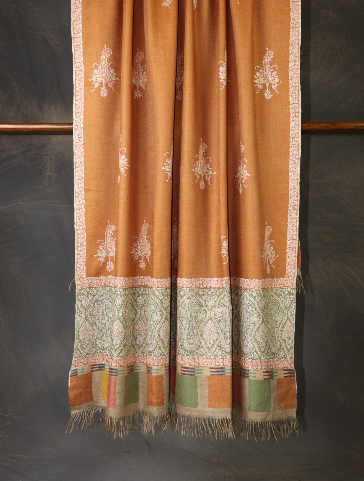 Salmon Orange Boteh Motif Embroidery Cashmere Pashmina Shawl
