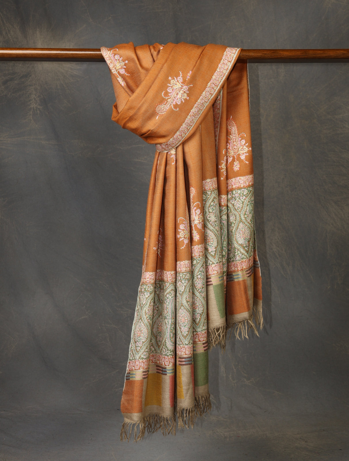 Salmon Orange Boteh Motif Embroidery Cashmere Pashmina Shawl