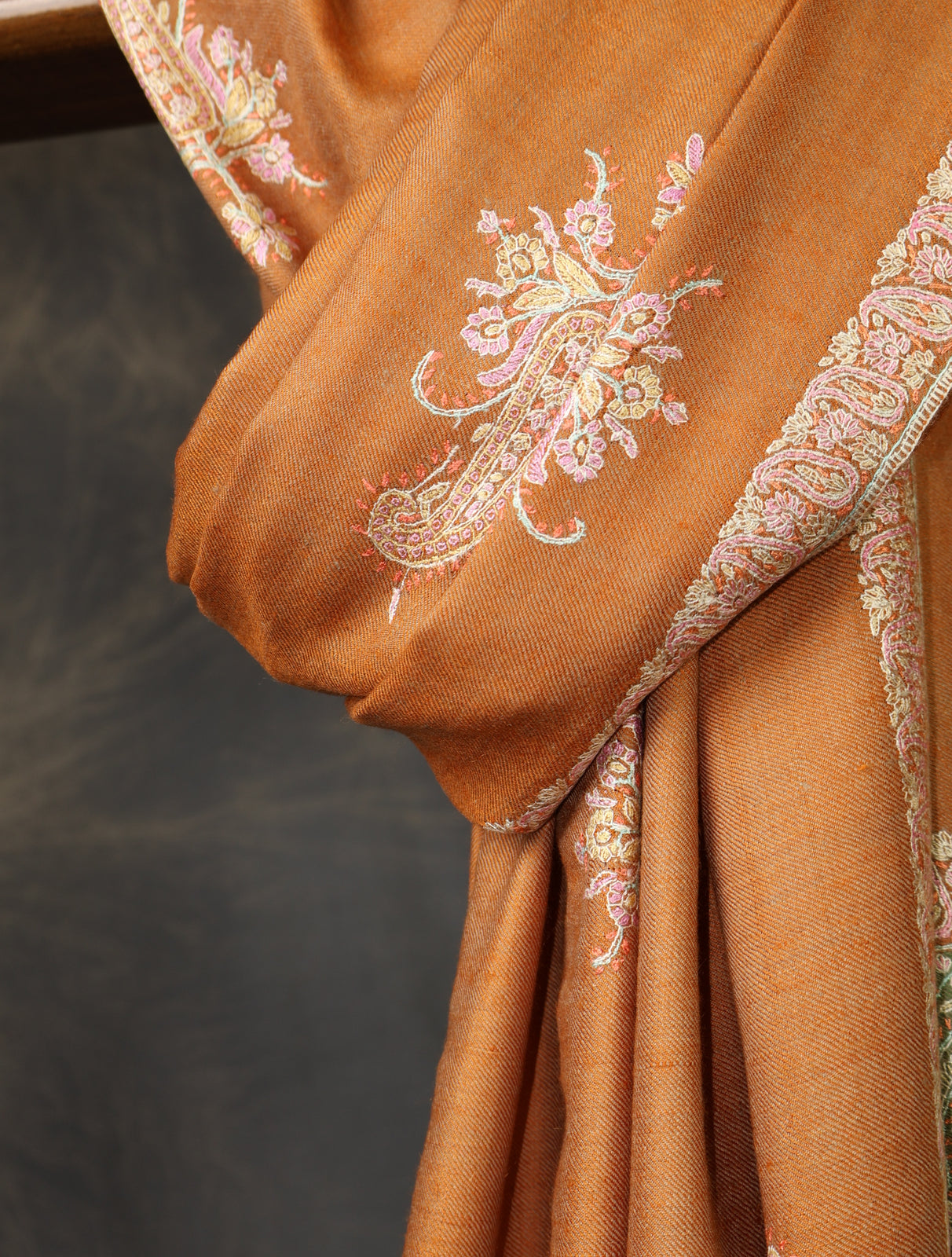 Salmon Orange Boteh Motif Embroidery Cashmere Pashmina Shawl