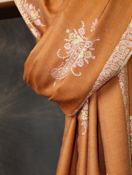 Salmon Orange Boteh Motif Embroidery Cashmere Pashmina Shawl
