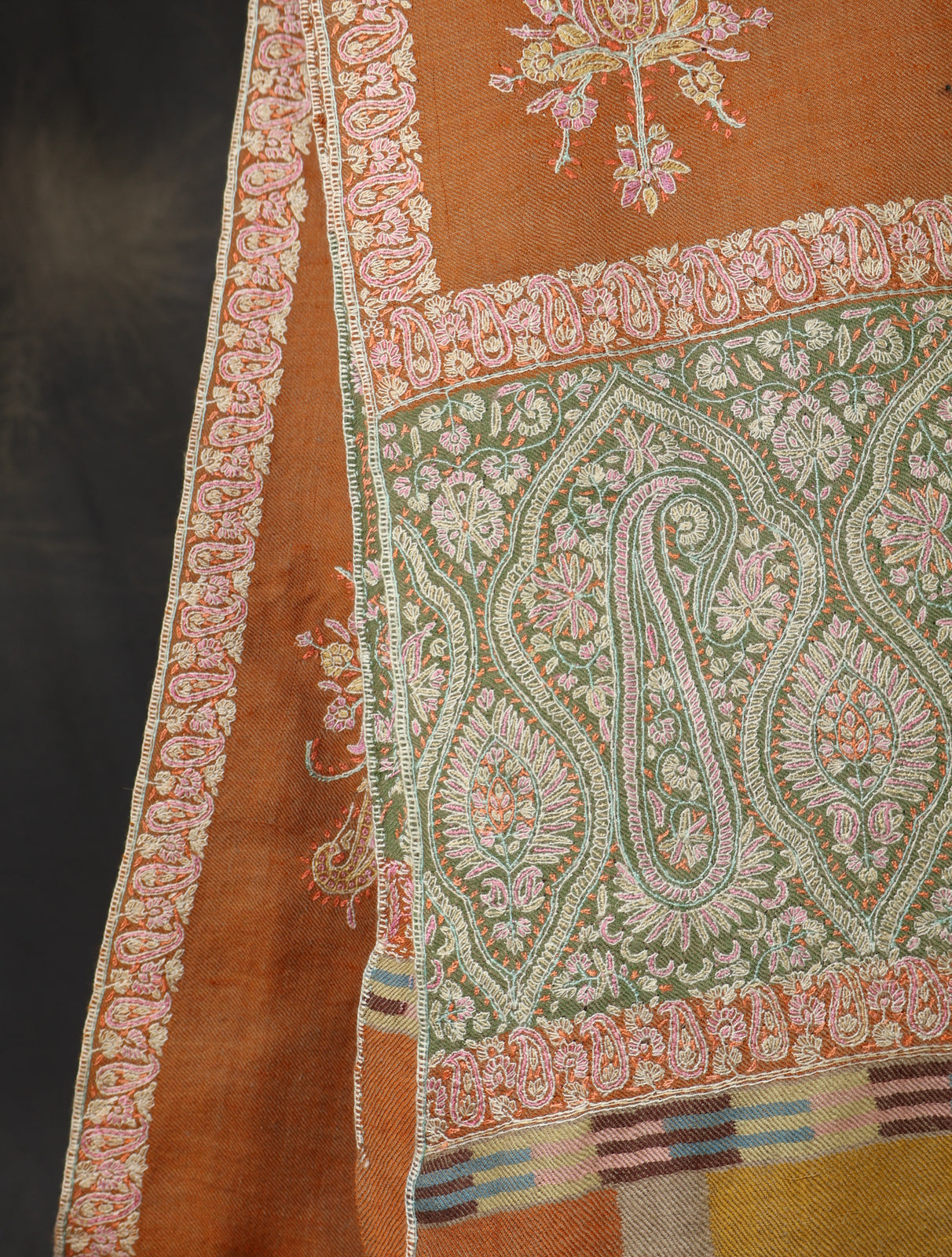 Salmon Orange Boteh Motif Embroidery Cashmere Pashmina Shawl