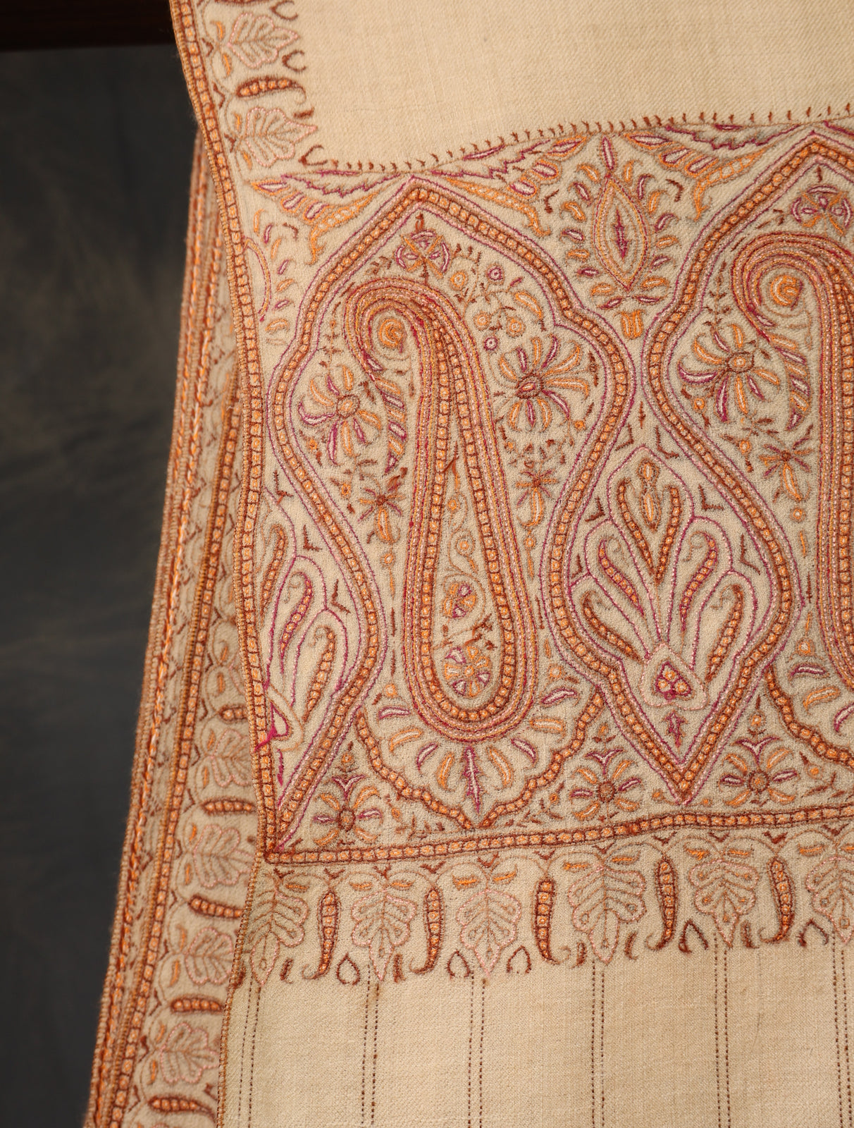 Beige Big Border Embroidery Cashmere Pashmina Shawl