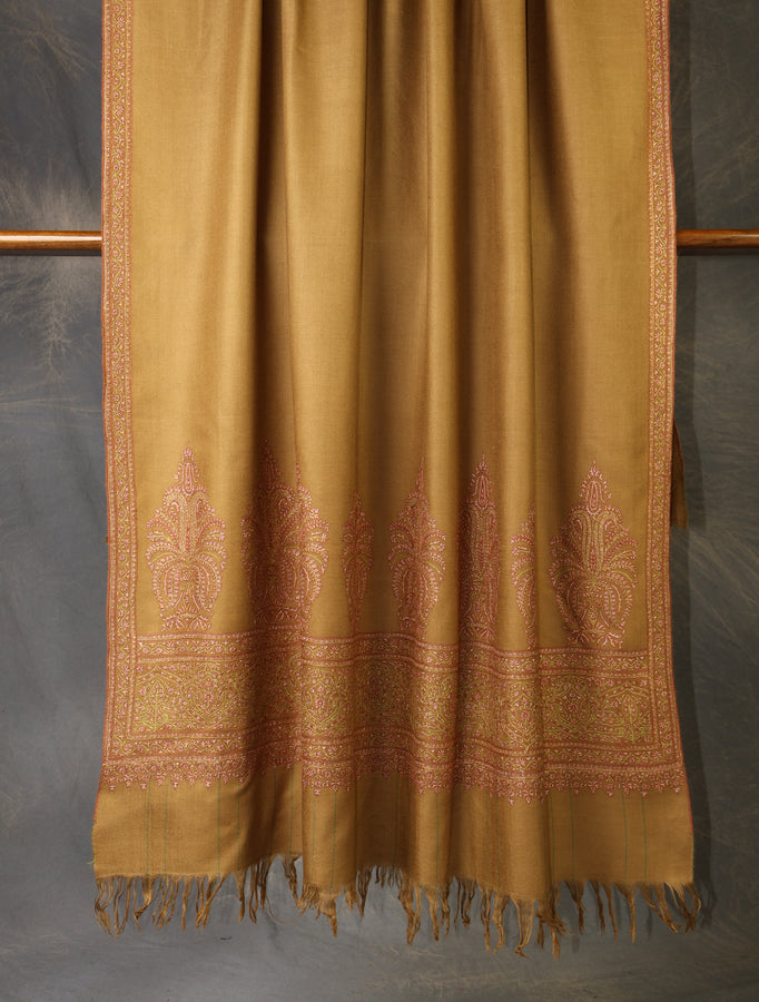 Mustard Brown Base Big Border Embroidery Cashmere Pashmina Shawl