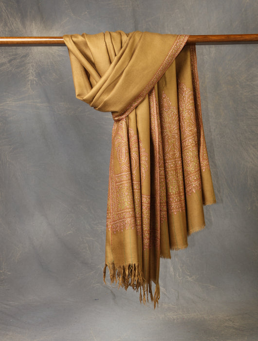 Mustard Brown Base Big Border Embroidery Cashmere Pashmina Shawl