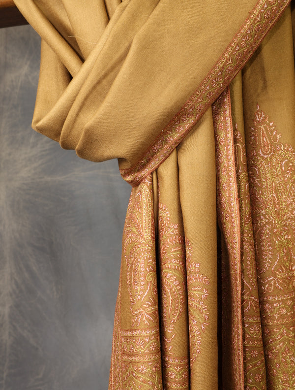 Mustard Brown Base Big Border Embroidery Cashmere Pashmina Shawl – detail view