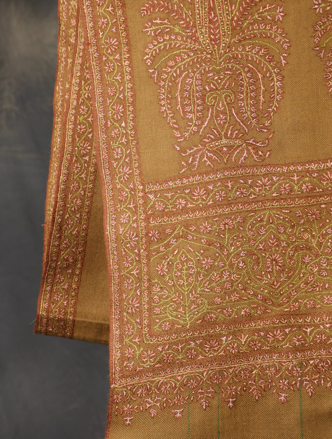 Mustard Brown Base Big Border Embroidery Cashmere Pashmina Shawl