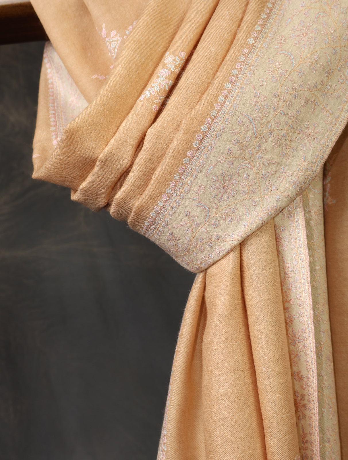 Soft Peach Boteh Motif Embroidery Cashmere Pashmina Shawl