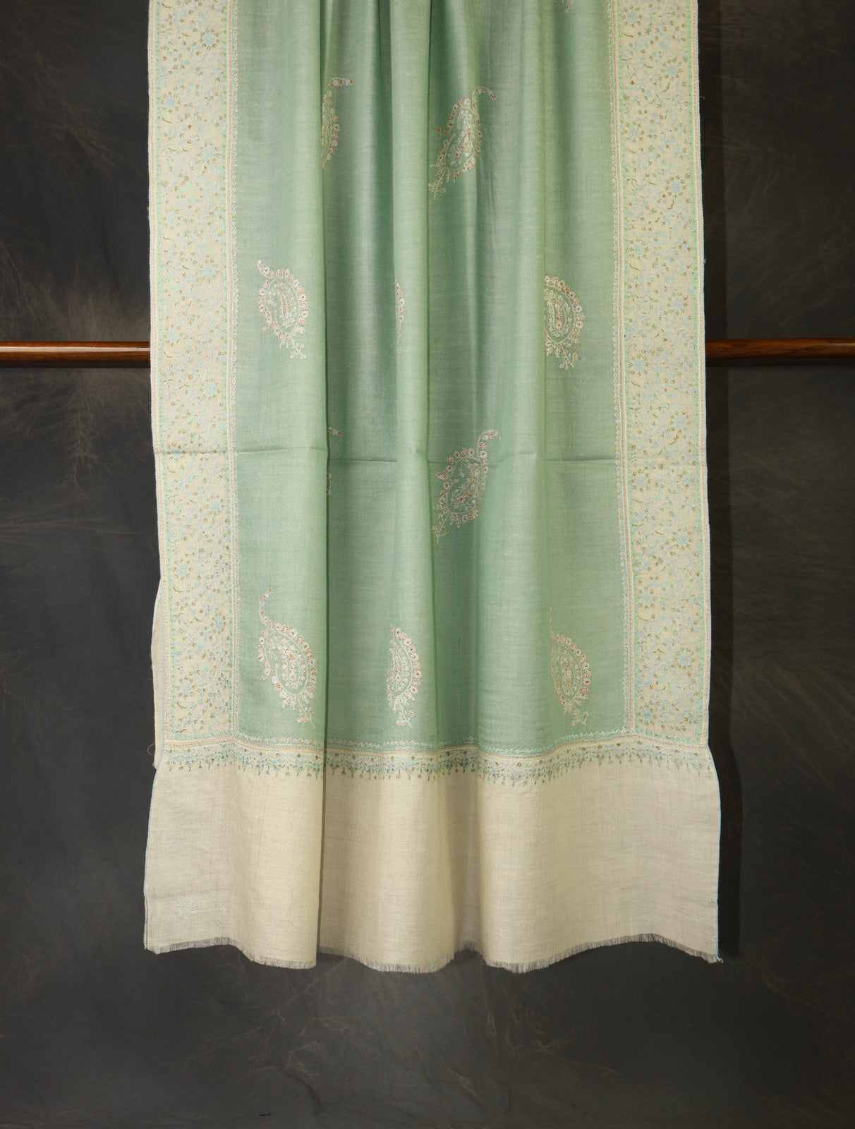 Sage Green Boteh Motif Embroidery Cashmere Pashmina Shawl