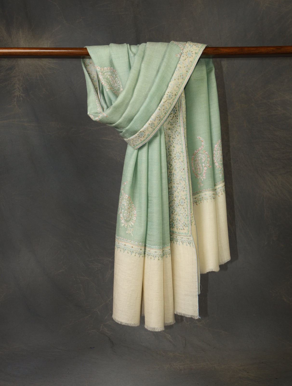 Sage Green Boteh Motif Embroidery Cashmere Pashmina Shawl