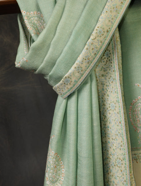Sage Green Boteh Motif Embroidery Cashmere Pashmina Shawl
