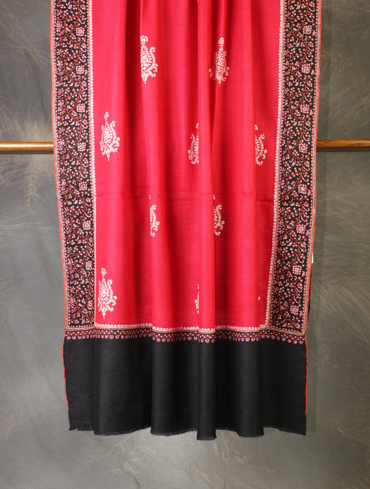Cherry Red Boteh Motif Embroidery Cashmere Pashmina Shawl