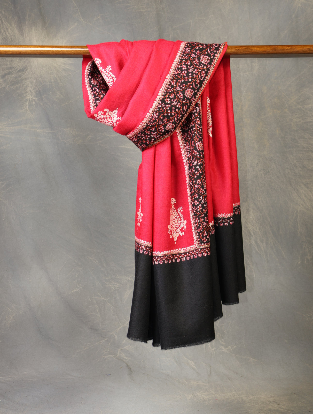 Cherry Red Boteh Motif Embroidery Cashmere Pashmina Shawl