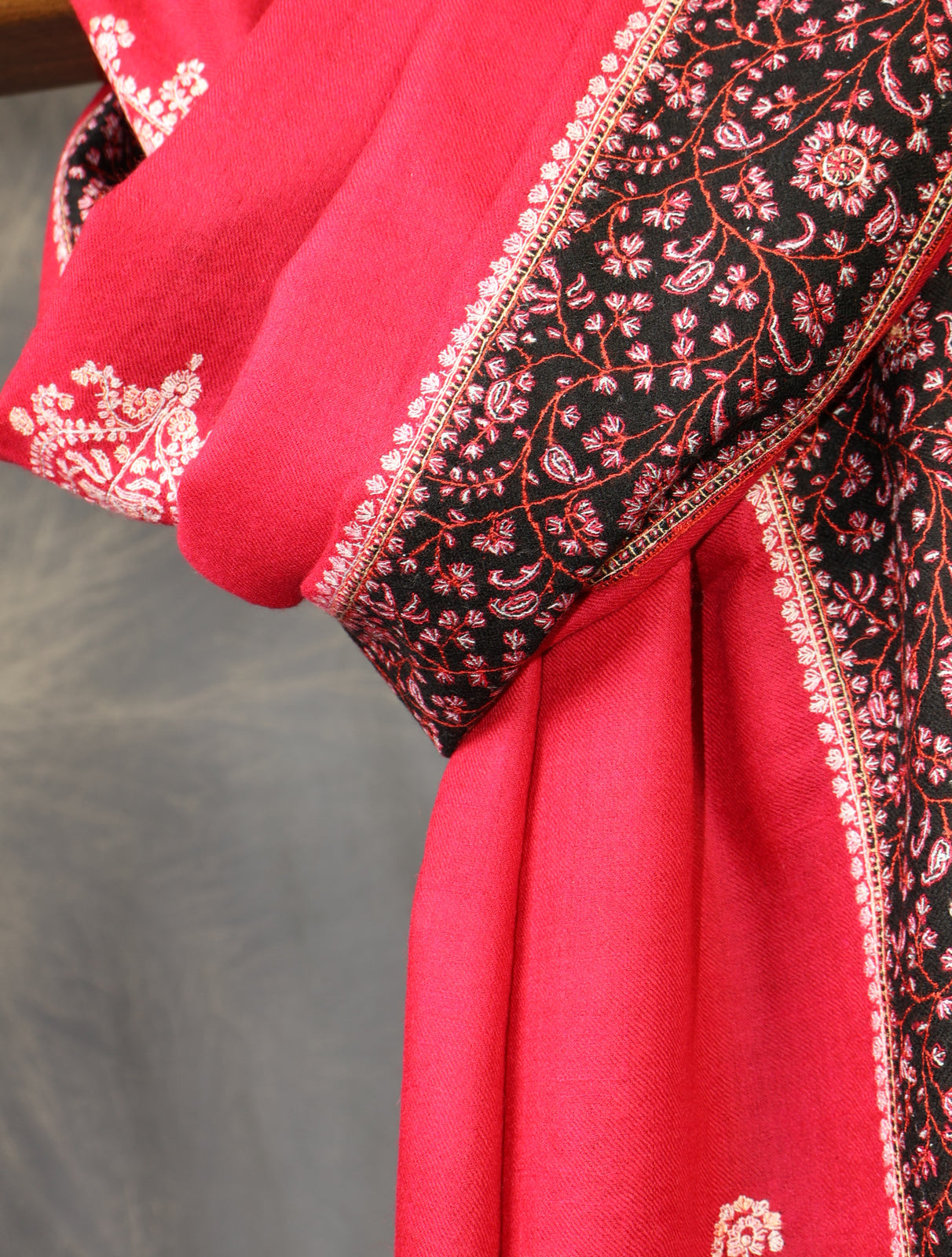 Cherry Red Boteh Motif Embroidery Cashmere Pashmina Shawl
