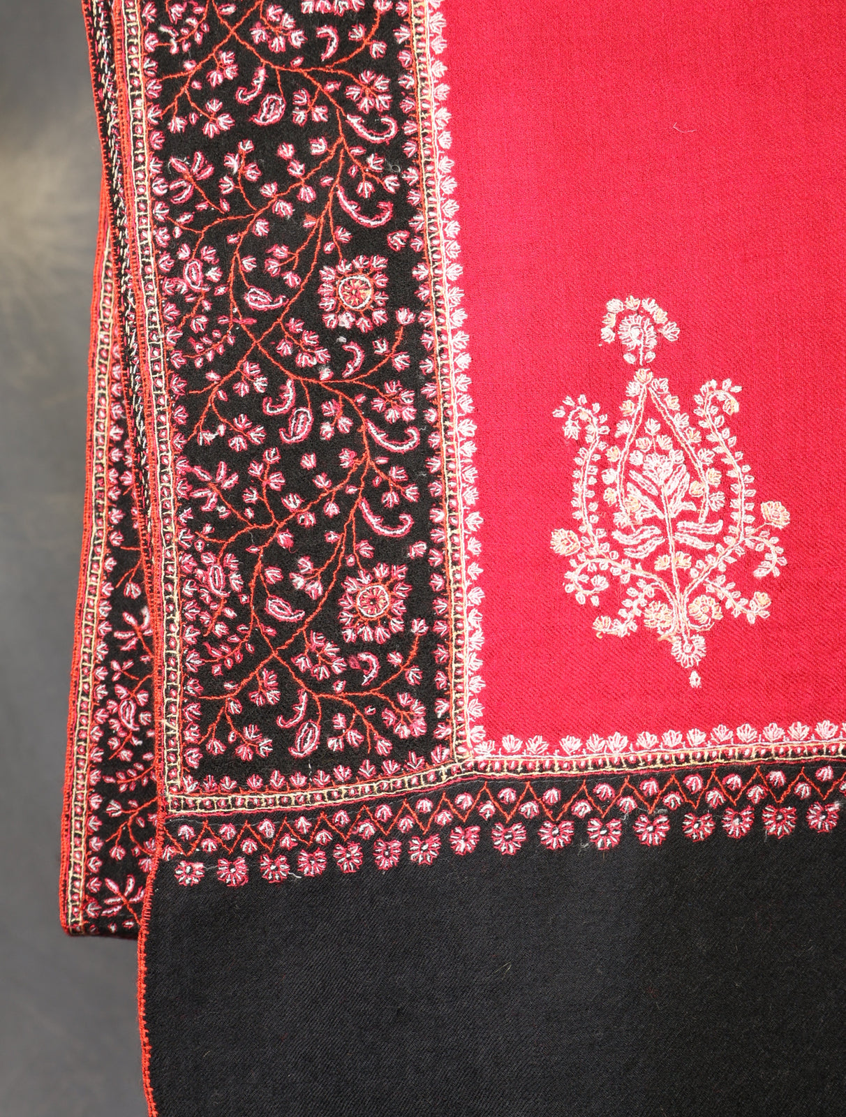Cherry Red Boteh Motif Embroidery Cashmere Pashmina Shawl