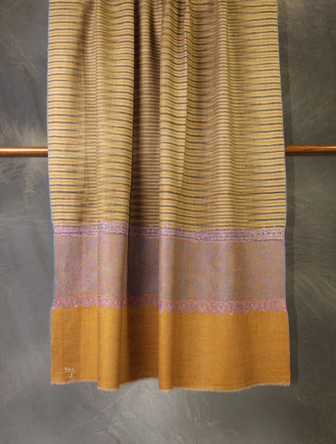 Mustard Striped Base Big Border Embroidery Cashmere Pashmina Shawl
