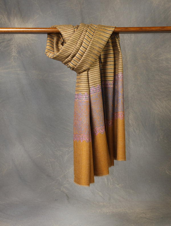 Mustard Striped Base Big Border Embroidery Cashmere Pashmina Shawl