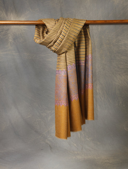 Mustard Striped Base Big Border Embroidery Cashmere Pashmina Shawl