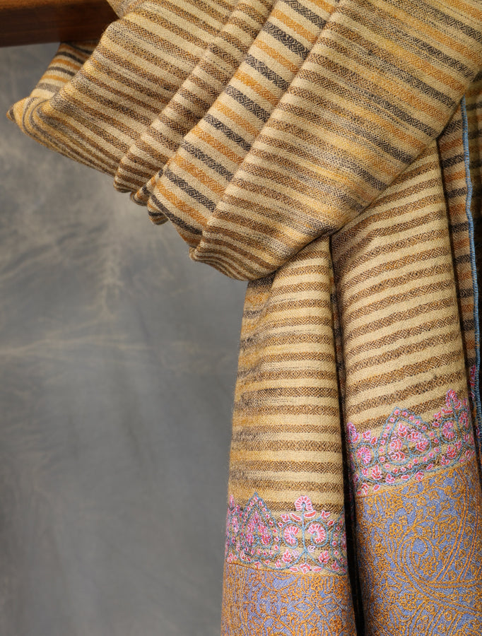 Mustard Striped Base Big Border Embroidery Cashmere Pashmina Shawl
