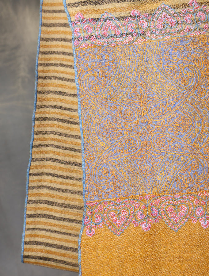 Mustard Striped Base Big Border Embroidery Cashmere Pashmina Shawl