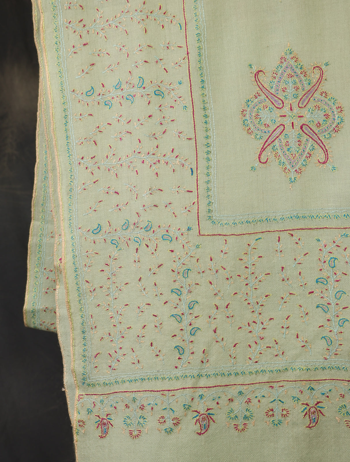 Mint Green Motif Embroidery Cashmere Pashmina Shawl
