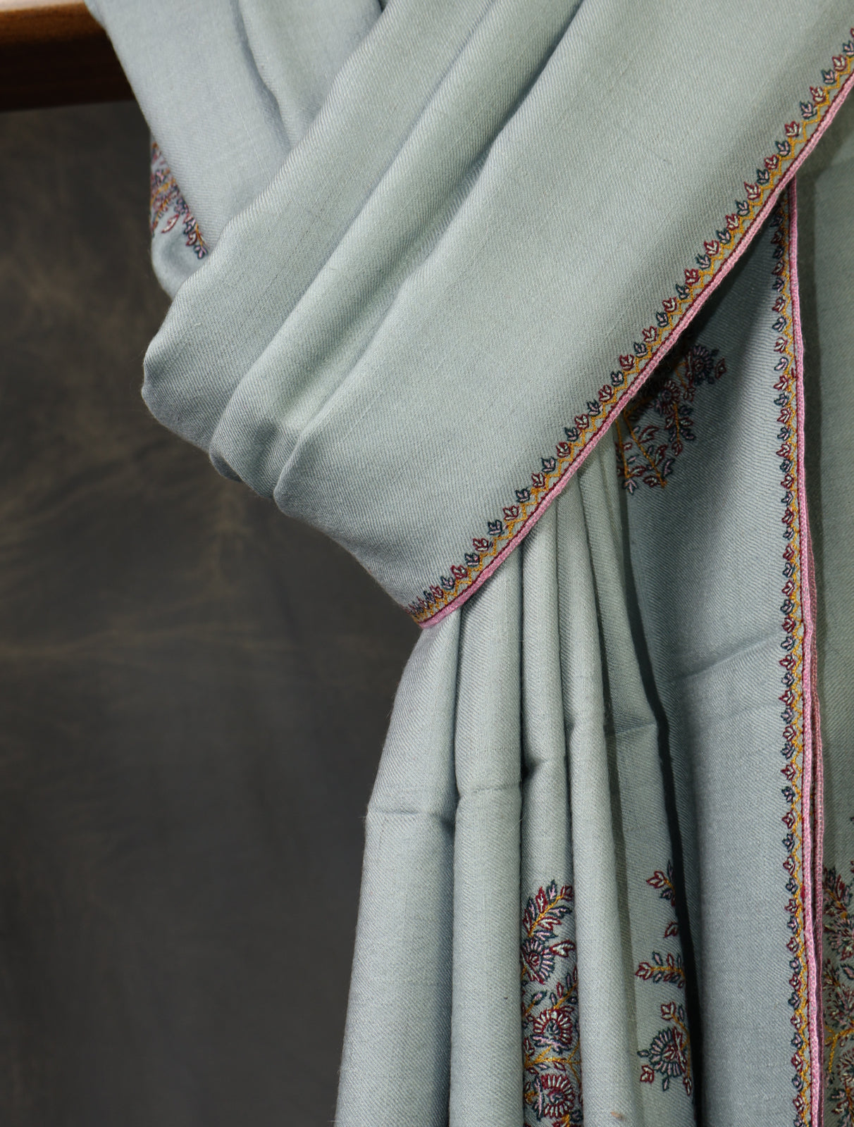 Mist Blue Motif Embroidery Cashmere Pashmina Shawl