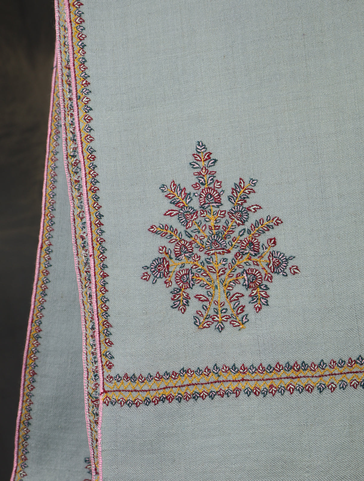 Mist Blue Motif Embroidery Cashmere Pashmina Shawl