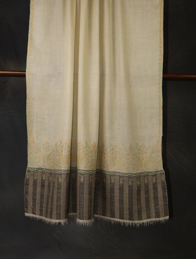 Ivory Base Big Border Embroidery Cashmere Pashmina Shawl