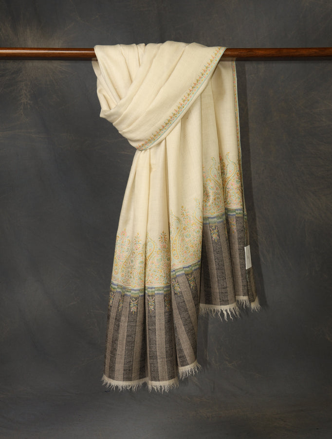 Ivory Base Big Border Embroidery Cashmere Pashmina Shawl