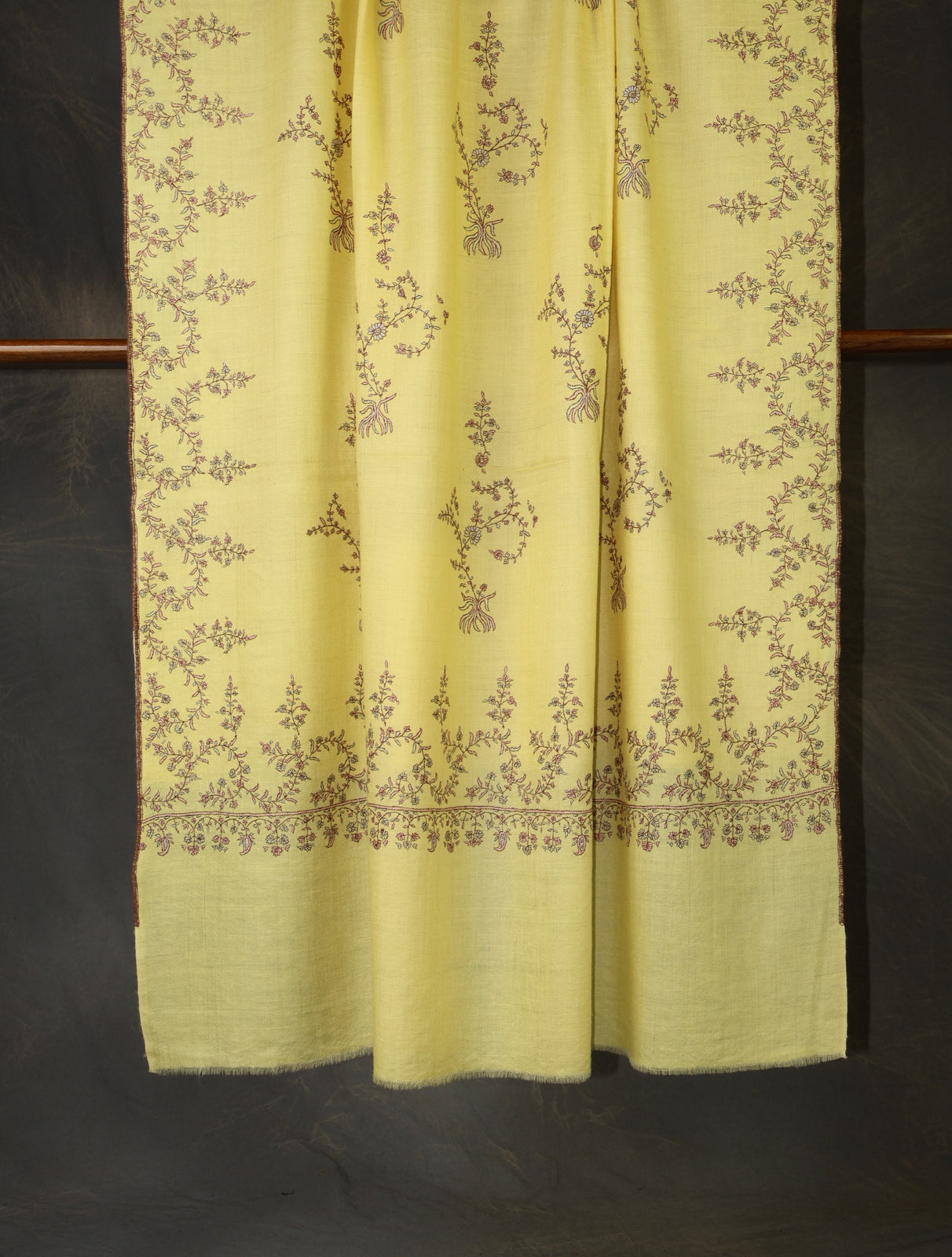 Lemon Yellow Base Motif Embroidery Cashmere Pashmina Shawl