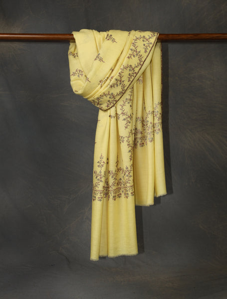 Lemon Yellow Base Motif Embroidery Cashmere Pashmina Shawl