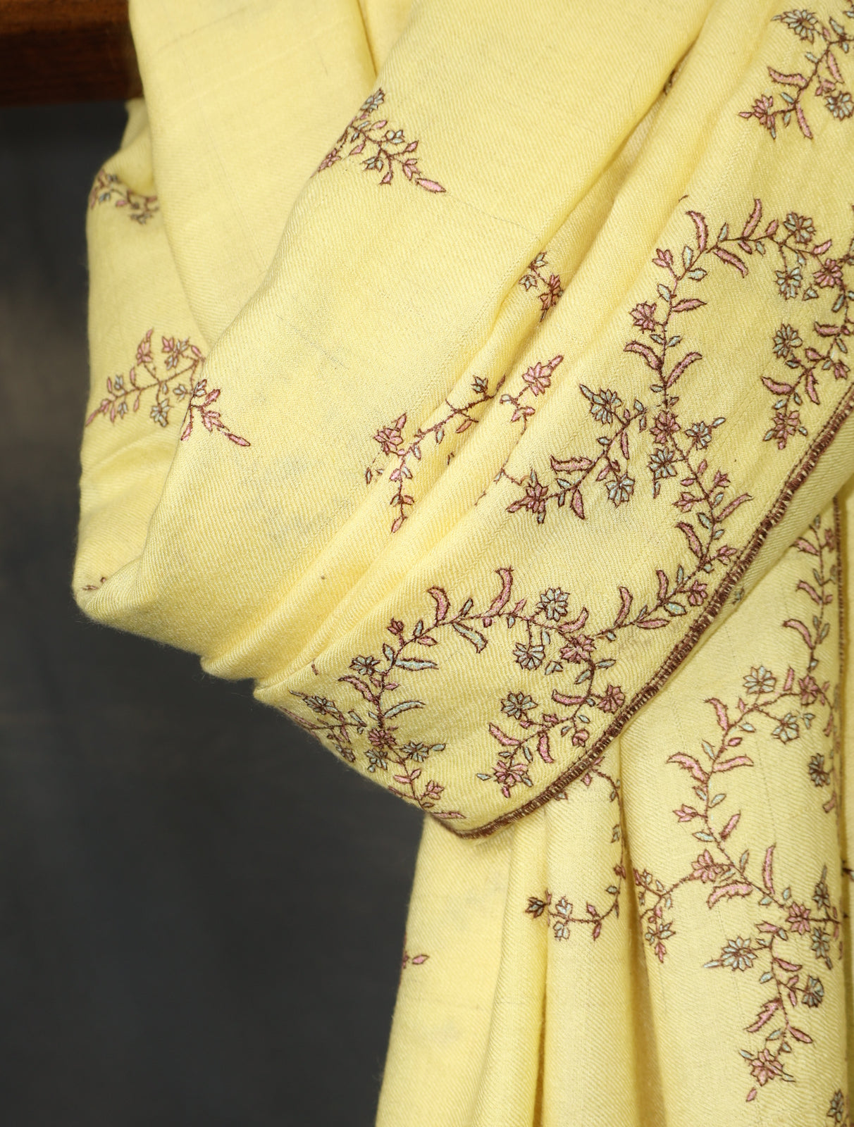 Lemon Yellow Base Motif Embroidery Cashmere Pashmina Shawl