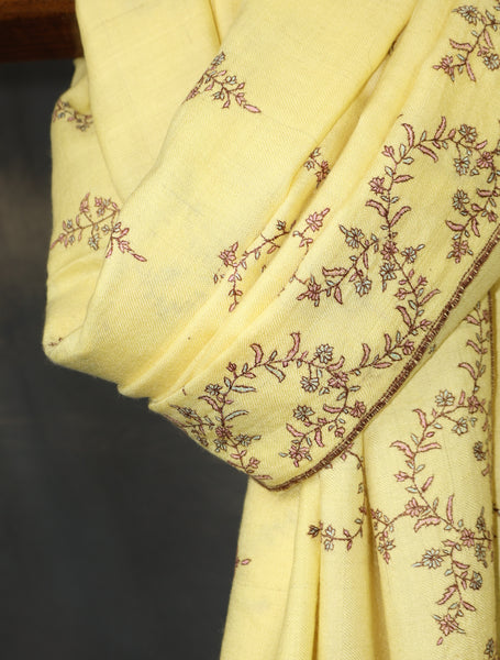 Lemon Yellow Base Motif Embroidery Cashmere Pashmina Shawl