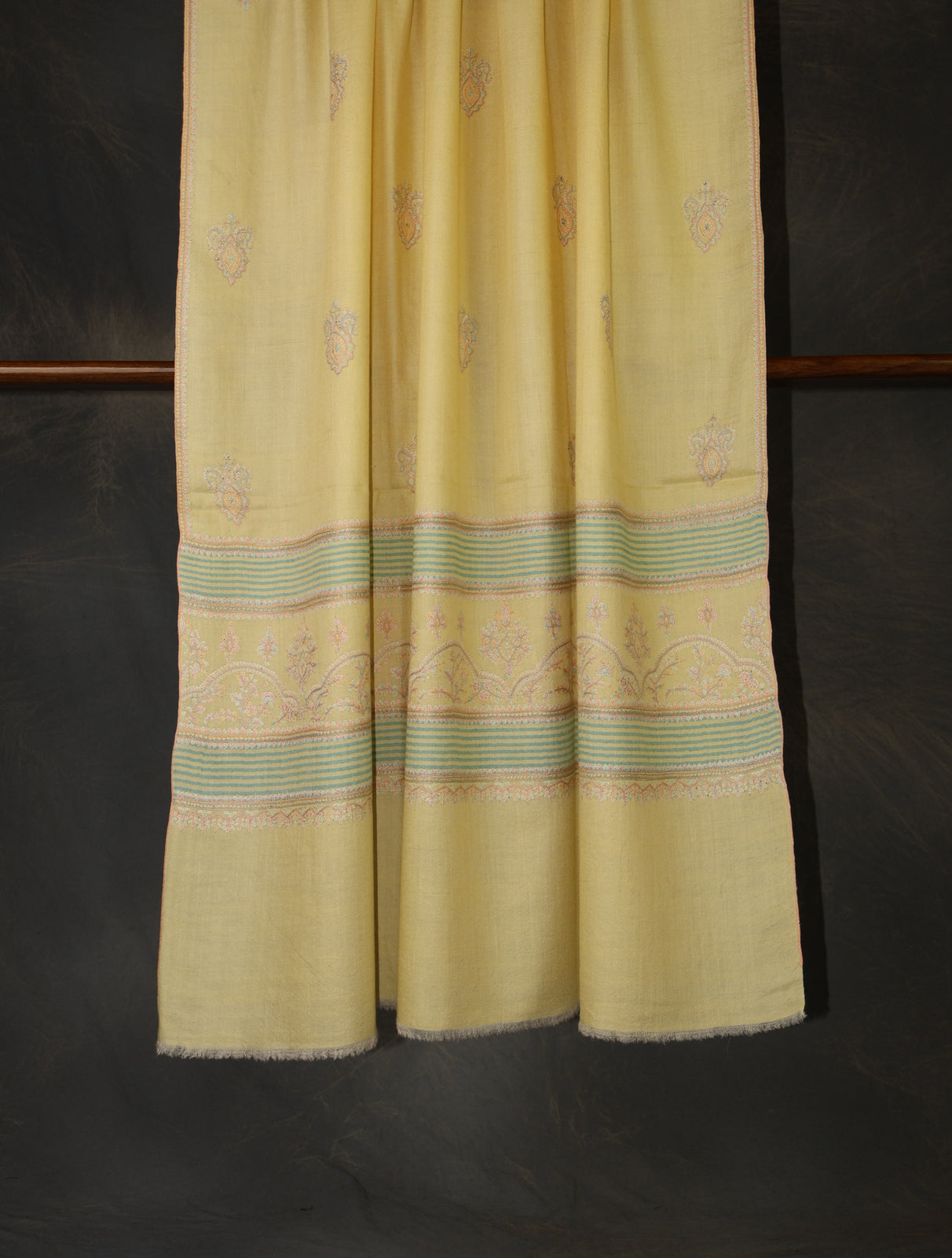 Lemon Yellow Base Motif Embroidery Cashmere Pashmina Shawl