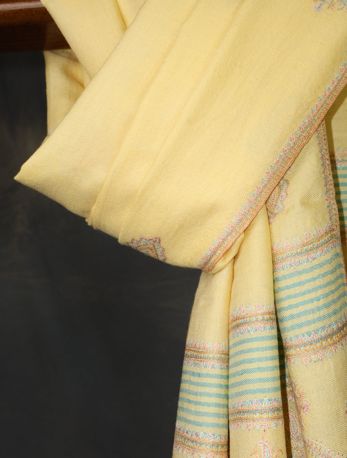 Lemon Yellow Base Motif Embroidery Cashmere Pashmina Shawl