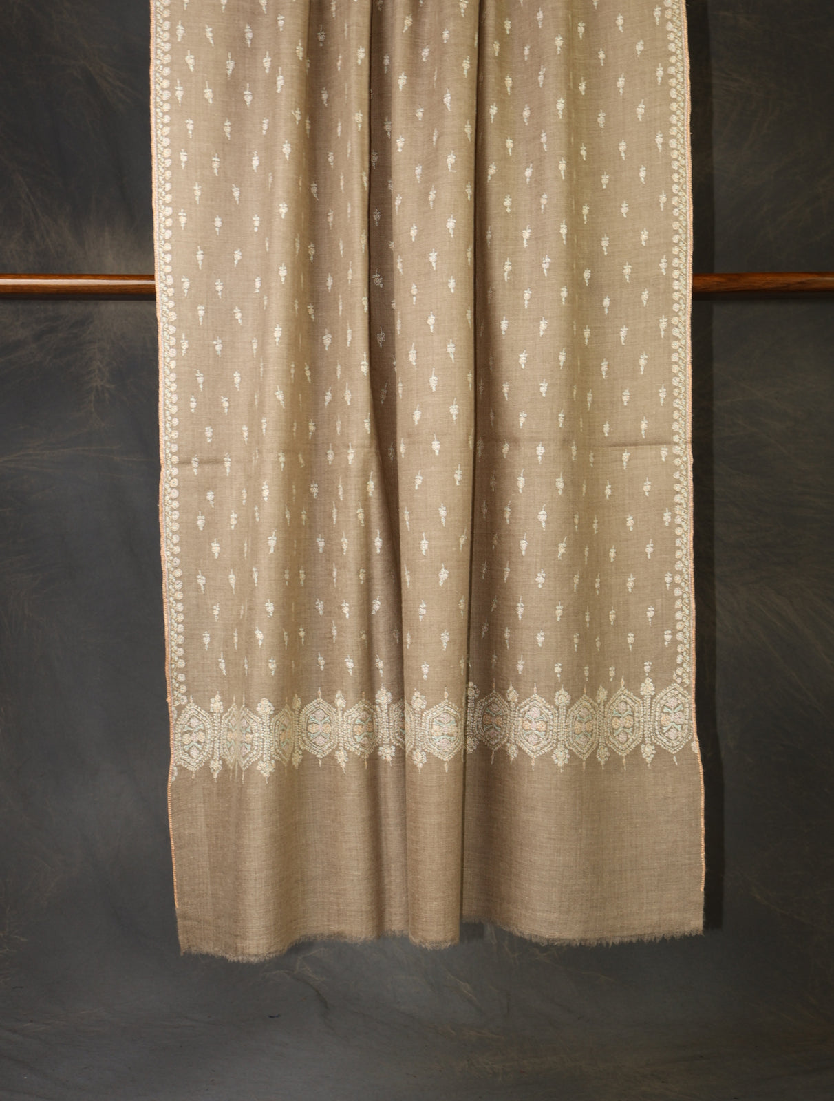 Natural Base Motif Embroidery Cashmere Pashmina Shawl
