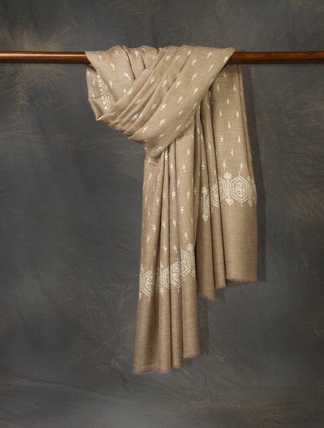 Natural Base Motif Embroidery Cashmere Pashmina Shawl