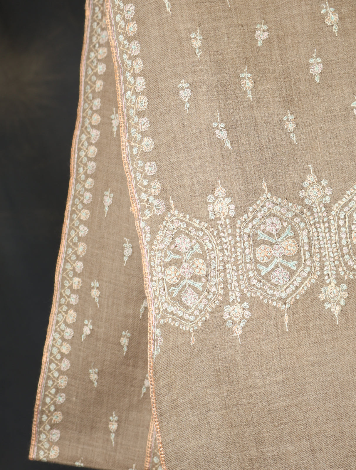 Natural Base Motif Embroidery Cashmere Pashmina Shawl