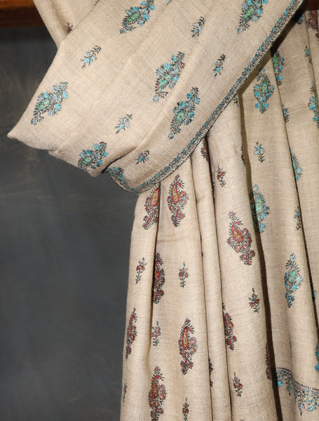 Natural Base Reversible  Motif Embroidery Cashmere Pashmina Shawl