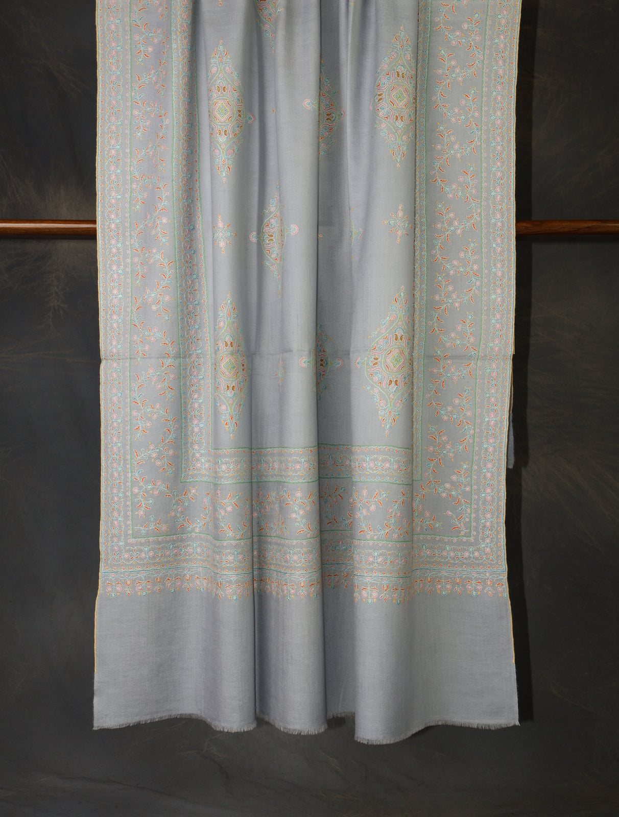 Pastel Blue Motif Embroidery Cashmere Pashmina Shawl