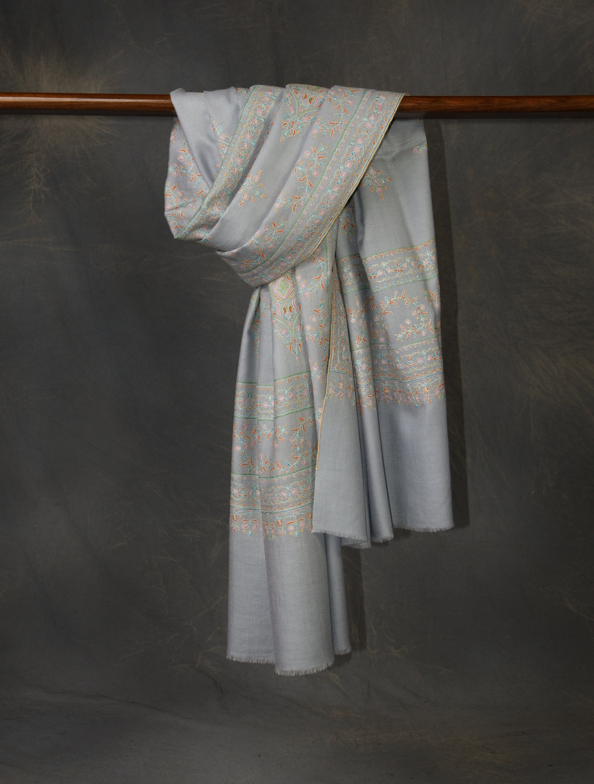 Pastel Blue Motif Embroidery Cashmere Pashmina Shawl
