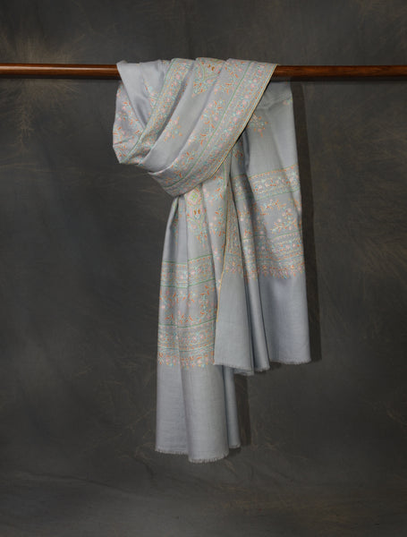 Pastel Blue Motif Embroidery Cashmere Pashmina Shawl