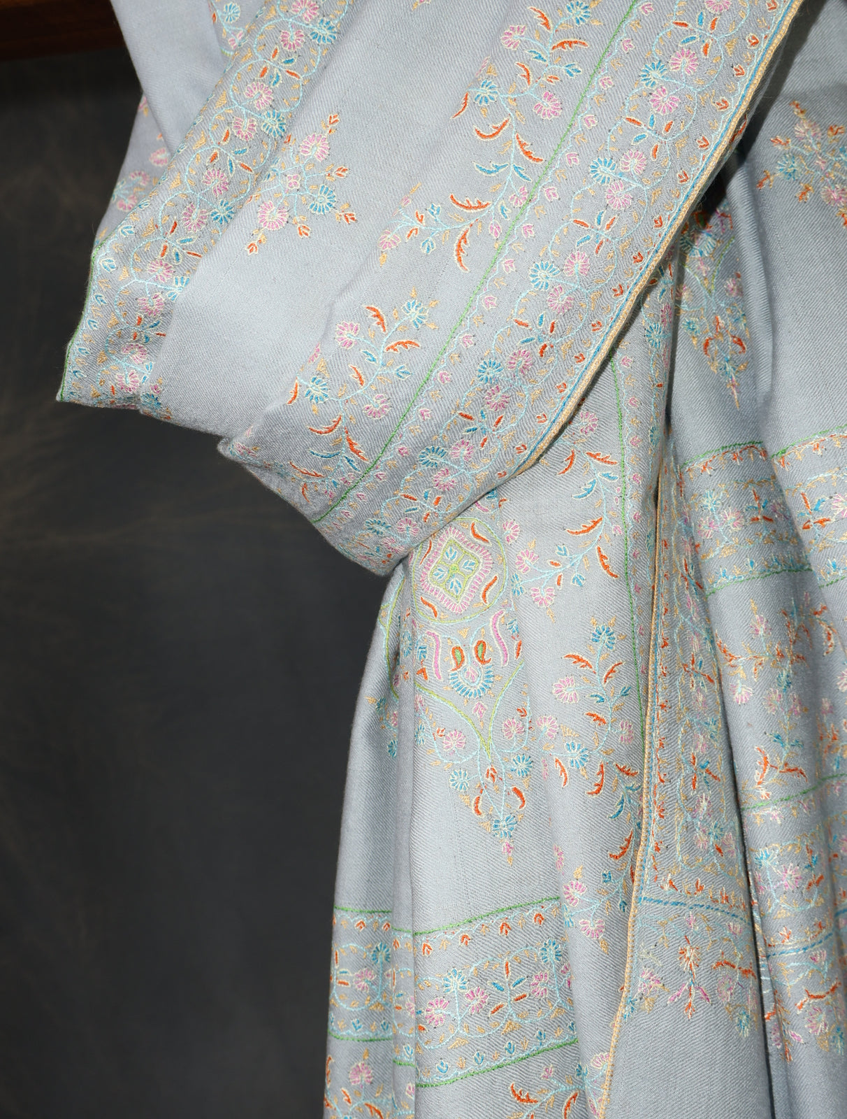 Pastel Blue Motif Embroidery Cashmere Pashmina Shawl