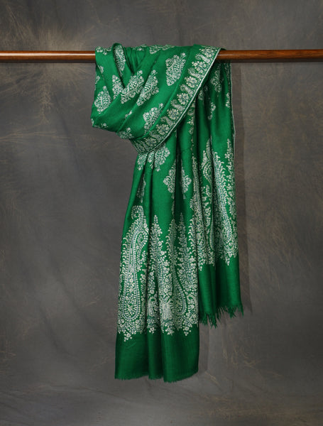Green Base Big Motif Jali Embroidery Cashmere Pashmina Shawl