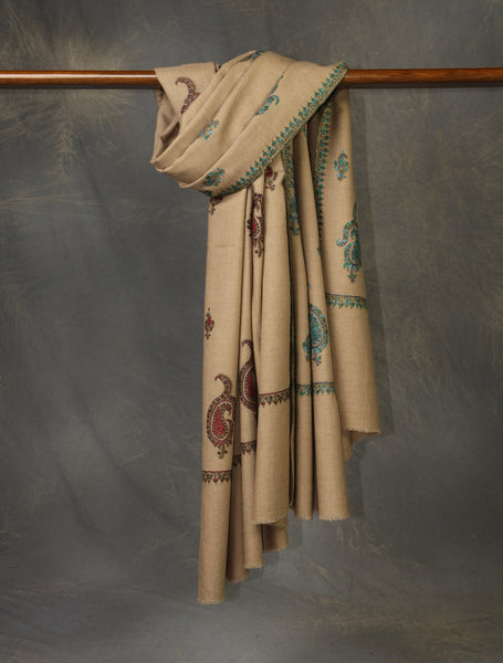 Natural Base Reversible Motif Embroidery Cashmere Pashmina Shawl